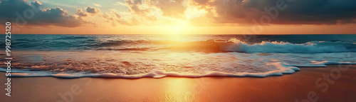 A wave crashes onto a sandy beach as the sun sets in the distance, creating a stunning golden glow.