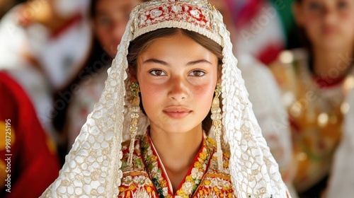 Traditional tajik bride in ornate wedding attire for cultural celebration photo