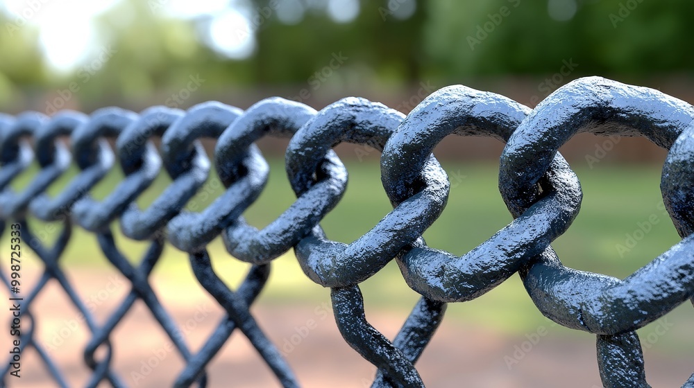 A close-up view of a sturdy chain link fence showcasing detailed links against a blurred green backdrop. A close-up view of a sturdy chain link fence showcasing detailed links against a blurred green backdrop.
