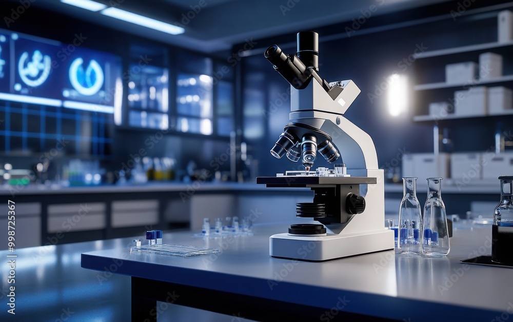 Fototapeta premium A modern laboratory with an advanced microscope, set against the backdrop of medical research