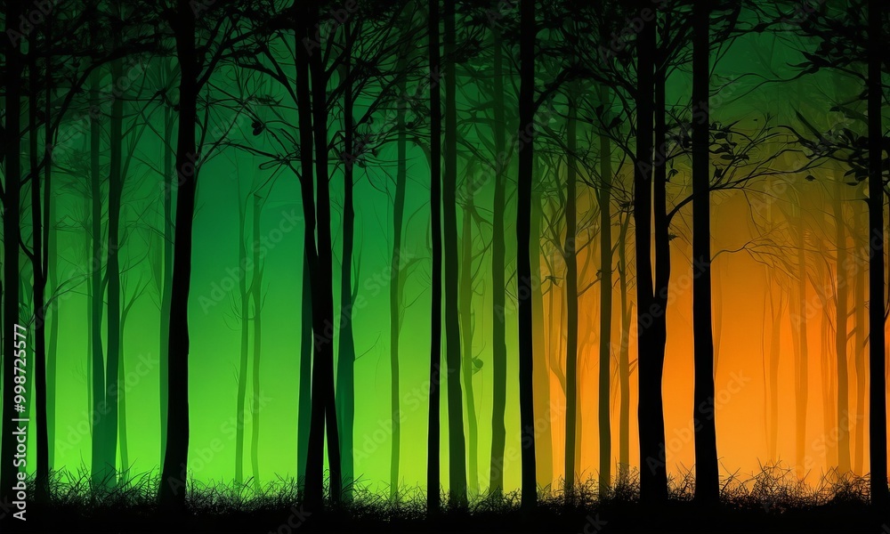 A dense forest with tall trees and a glowing green and orange sky in the background A dense forest with tall trees and a glowing green and orange sky in the background