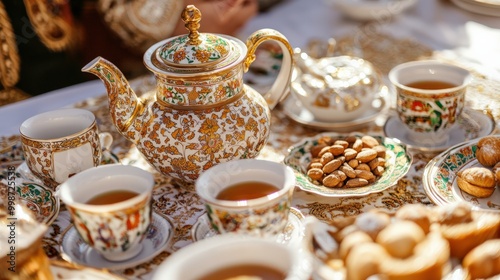 Traditional uzbek tea ceremony with ornate ceramics for cultural poster or print