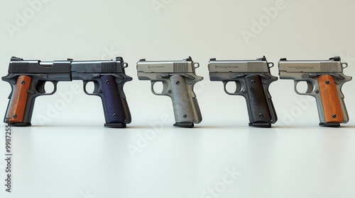 A collection of four handguns displayed on a clean surface, showcasing diverse designs and finishes for firearm enthusiasts. photo