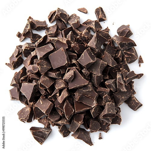 Pile chopped, milled dark chocolate isolated on white, top view