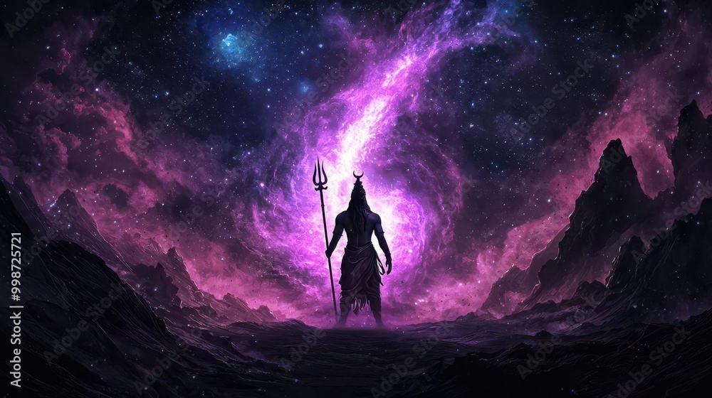 Fototapeta premium Shiva as a celestial guardian with a glowing trident, standing before a cosmic gateway, Shiva guardian, trident, cosmic gate