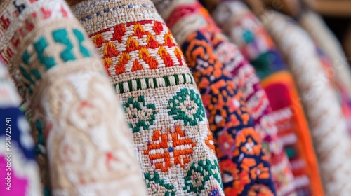 Turkmen traditional clothing textiles: close-up of intricate embroidery patterns for cultural heritage