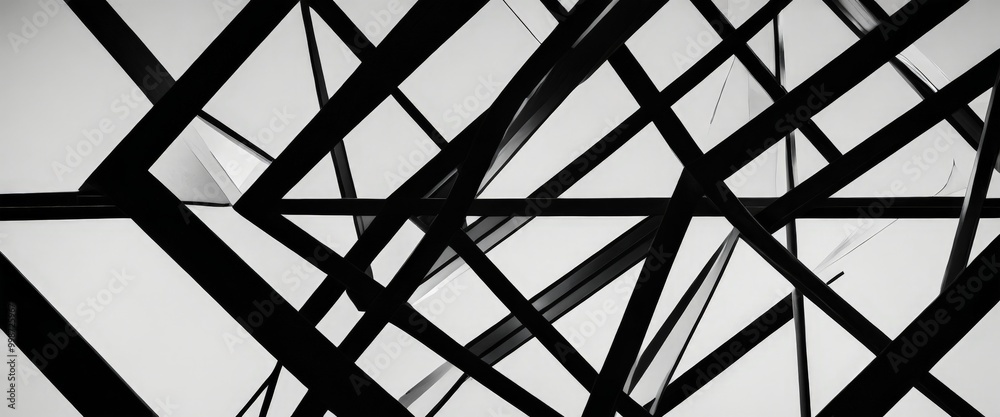 Fototapeta premium A black and white complex geometric pattern composed of intersecting lines and angles, creating a visually striking and abstract composition