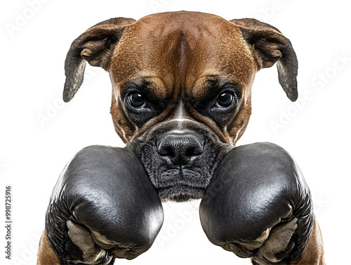 a dog with boxing gloves on its mouth photo