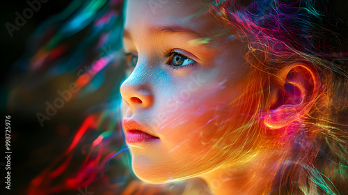 A Close-Up Portrait of a Young Girl's Face with a Dreamy, Abstract Background of Vibrant Colors