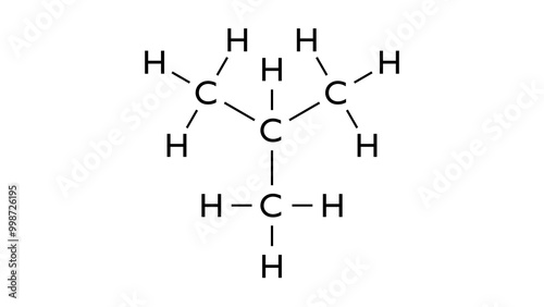 isobutane molecule, structural chemical formula, ball-and-stick model, isolated image isomer of butane
