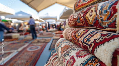 Vibrant turkmen carpets display at local bazaar for cultural decor and inspiration