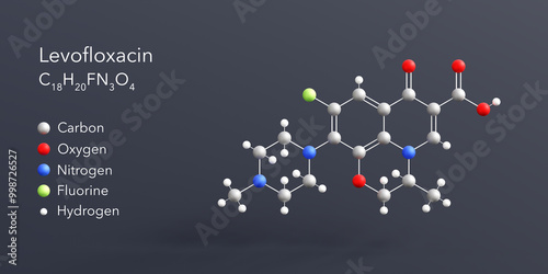 levofloxacin molecule 3d rendering, flat molecular structure with chemical formula and atoms color coding photo