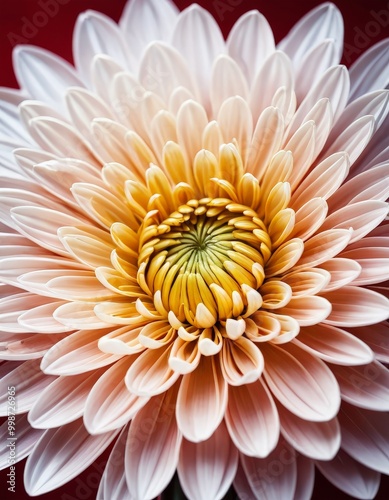 A close-up chrysanthemum flower, showcasing its intricate petals and vibrant yellow center against a deep red background