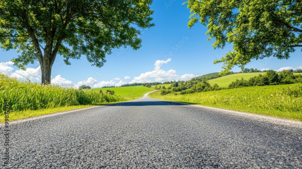 Scenic Rural Road Under a Clear Blue Sky Scenic Rural Road Under a Clear Blue Sky