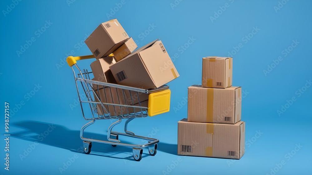 Shopping Cart Full of Cardboard Boxes on Blue Background Shopping Cart Full of Cardboard Boxes on Blue Background