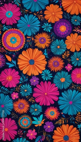 a vibrant and colorful floral pattern with a variety of flowers in shades of orange, pink, blue, and purple against a dark background