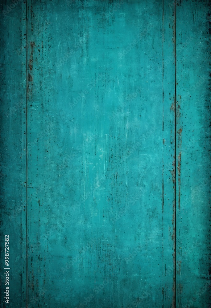 a close-up weathered, turquoise-colored wooden surface with visible cracks and stains, creating a textured and aged appearance