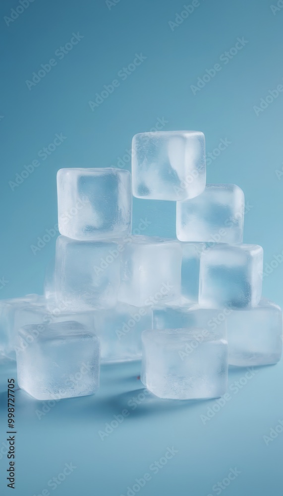 A stack of clear, rectangular ice cubes against a blue background