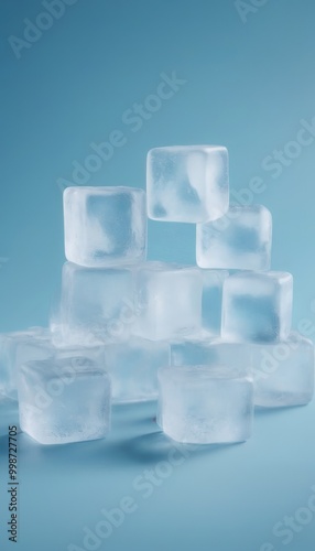 A stack of clear, rectangular ice cubes against a blue background