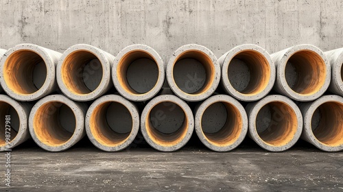 Rows of large concrete pipes stored in an outdoor industrial yard, industrial storage, construction materials logistics