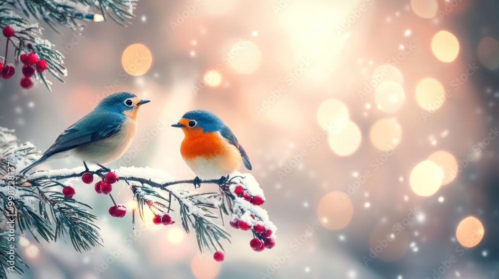 Two colorful birds perched on a snowy branch with a soft, blurred background of lights. Two colorful birds perched on a snowy branch with a soft, blurred background of lights.
