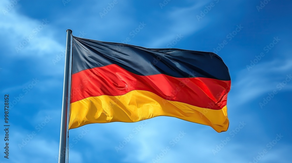 flagpole with German national flag against blue day sky with white clouds flagpole with German national flag against blue day sky with white clouds