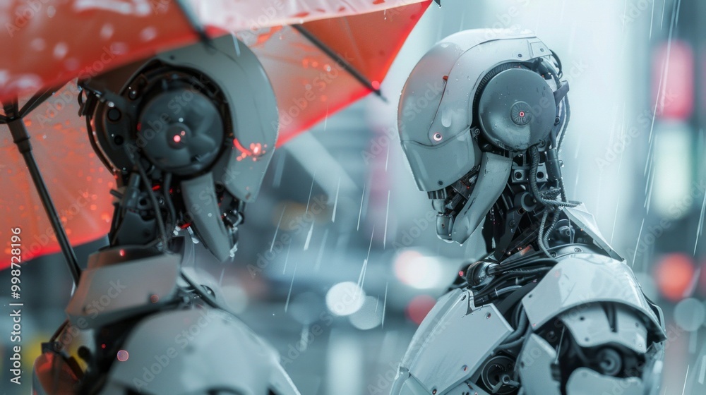 Fototapeta premium Two robots are standing under an umbrella in the rain