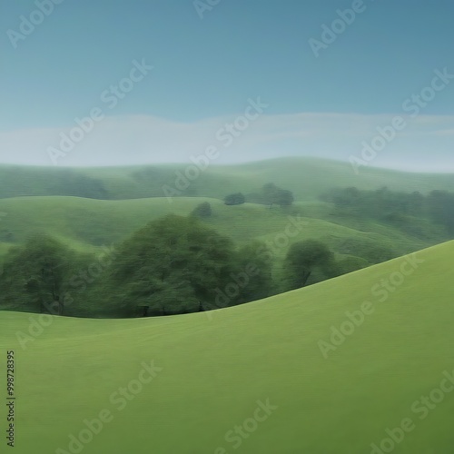 A serene landscape with rolling hills, lush green trees, and a hazy blue sky photo