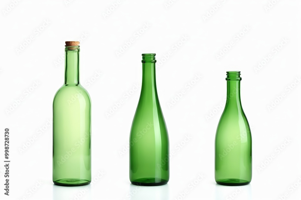 three green bottles with corks on a white surface three green bottles with corks on a white surface