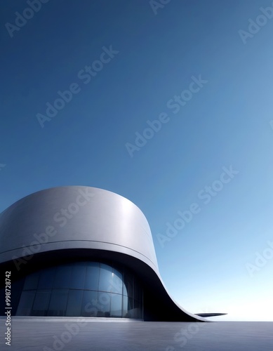 The modern building with a curved facade and large glass windows stands against a clear blue sky, creating a striking silhouette photo