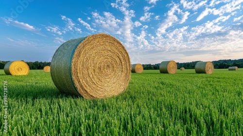 A peaceful field with hay bales and the golden hour light casting a warm glow on the landscape