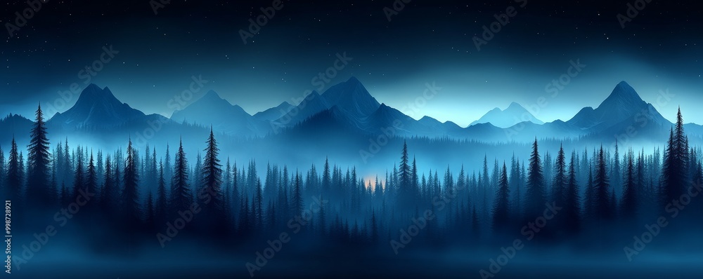 A serene landscape featuring misty mountains and dark forests, perfect for creating a peaceful, tranquil atmosphere in design.