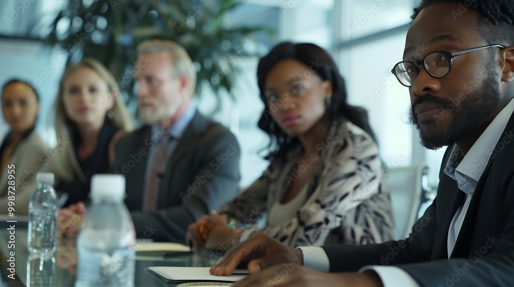 A diverse group of professionals engaged in a business meeting, focused and attentive, with a modern office backdrop. A diverse group of professionals engaged in a business meeting, focused and attentive, with a modern office backdrop.