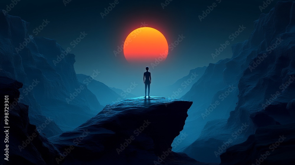 Fototapeta premium A serene silhouette of a person standing on a cliff, gazing at a vibrant sunset over distant mountains.