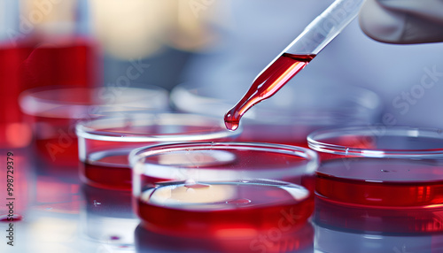 Laboratory testing. Doctor dripping blood sample into Petri dish indoors, closeup