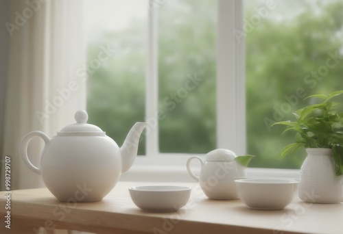 Wallpaper Mural A white teapot, teacup, saucer, and plant sit on a wooden table, with a blurred green garden visible through a window in the background Torontodigital.ca