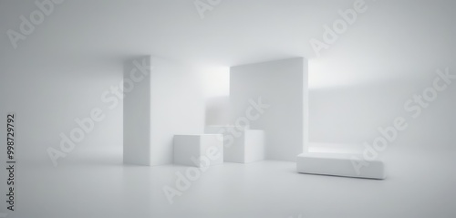 A minimalist white room with three white cubes and a rectangular white object on the floor