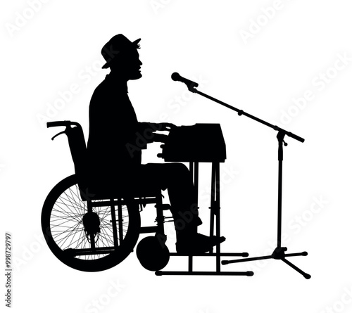 Man in wheelchair playing electric piano keyboard while singing with microphone side view black silhouette.