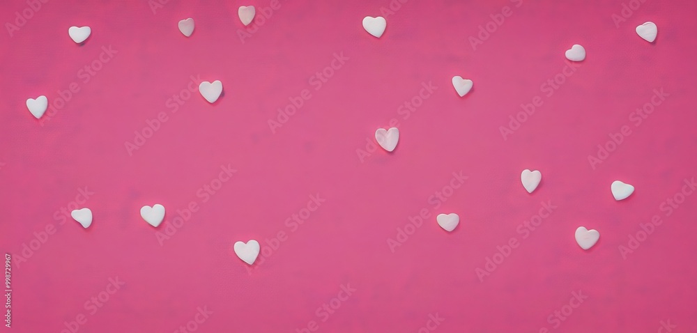 A pink background with scattered white heart-shaped confetti or decorations A pink background with scattered white heart-shaped confetti or decorations