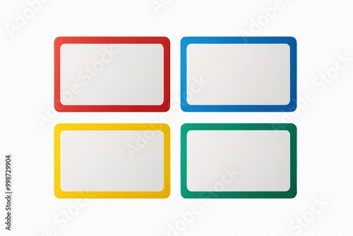 four different colored plastic name tags are shown on a white surface