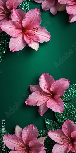Pink lilies with green leaves on a dark green background photo