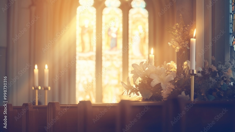 A dreamy, blurred background of an empty church interior, focusing on the altar and stained glass windows A dreamy, blurred background of an empty church interior, focusing on the altar and stained glass windows