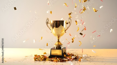 Golden Trophy With Confetti Celebration   Success Achievement Award photo