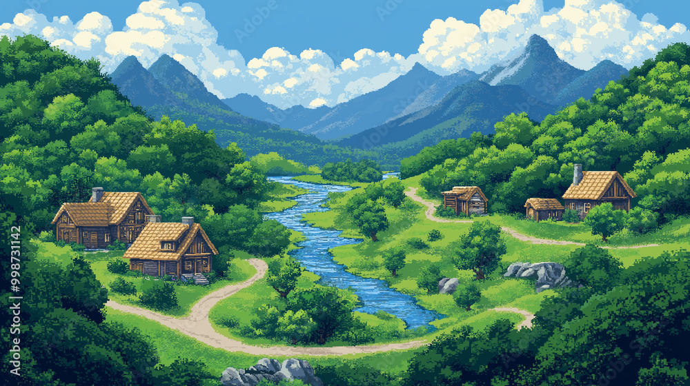 Pixel art highway winding through a lush green valley with rivers and forests on either side Pixel art highway winding through a lush green valley with rivers and forests on either side