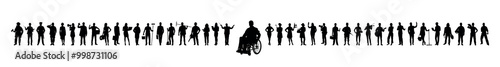 Man in wheelchair sits in front of group of people with different jobs profession standing together in row  silhouettes.