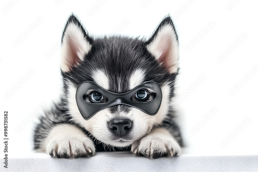 Obraz premium portrait of a funny dog in zorro mask with vicious face expression; studio shot; husky doggy isolated on white background