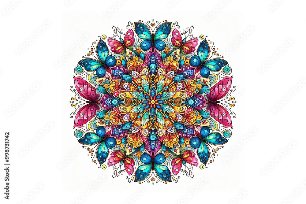 Colorful butterfly mandala design, white background Colorful butterfly mandala design, white background