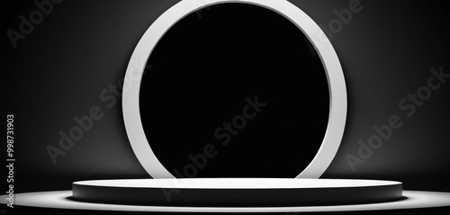 A minimalist black and white white podium with a circular opening, set against a dark background photo