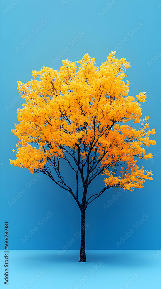 A Single Tree with Golden Leaves Stands Tall Against a Blue Background A Single Tree with Golden Leaves Stands Tall Against a Blue Background