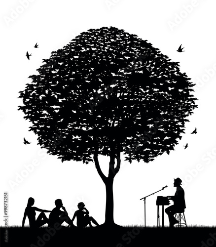 Man plays the electric piano under the big tree and several people sit watching him in park outdoor silhouette.